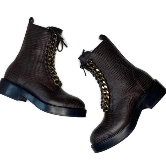 JEFFREY CAMPBELL Size 7 Damon Snakeskin Embossed Brown Lizard Gold Combat Boot - Picture 6 of 12